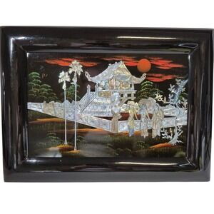 Vietnamese Black Lacquer Mother Of Pearl Inlay One Pillar Pagoda Wall Art 1970's
